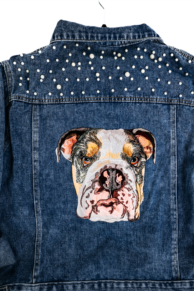 The Ultimate Custom Large Pet Portrait Embroidered Patch Denim Jacket With Pearls